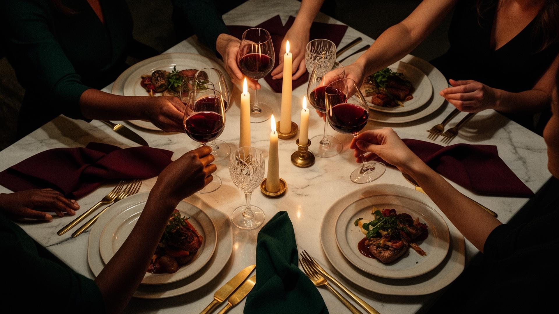 A long candlelit dinner table in warm amber light